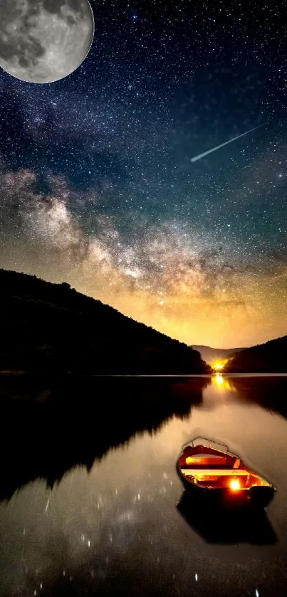 Starry night over a lake with a glowing boat and full moon.