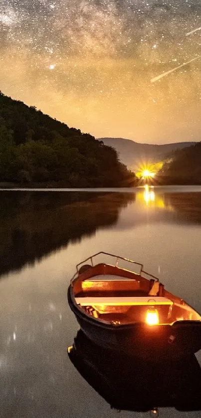 A serene lake with a starry night sky, Milky Way, and illuminated boat reflection.