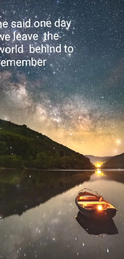 Night sky with stars and boat on reflective lake.