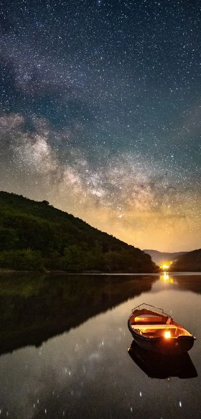 Starry night sky reflecting on a tranquil lake with an illuminated boat.