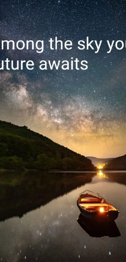 Peaceful starry night sky with a calm lake reflecting the stars and glowing boat.