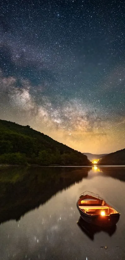 Boat on a still lake under a vibrant starry sky with hills on the side.