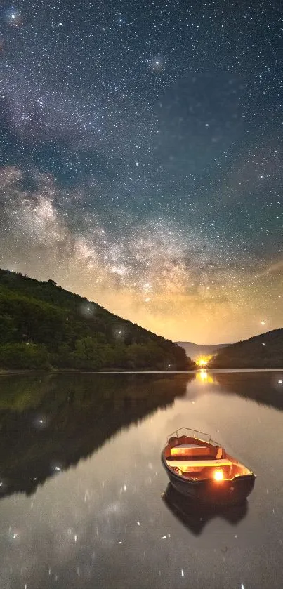 Starry night over a serene lake with illuminated boat.