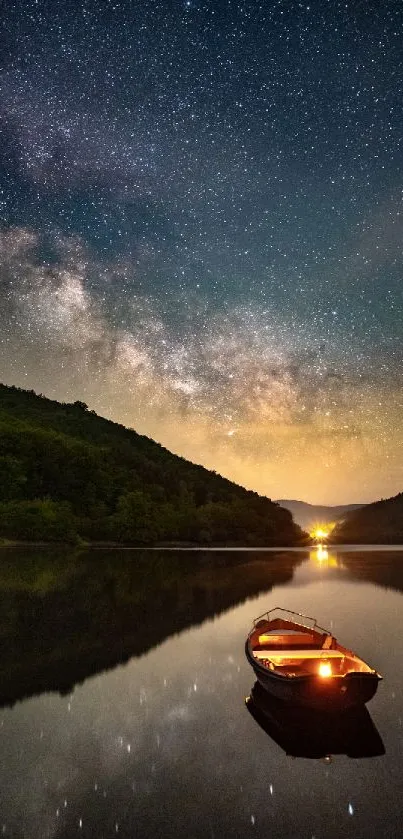 Starry night sky over a calm lake with a glowing boat beneath the stars.