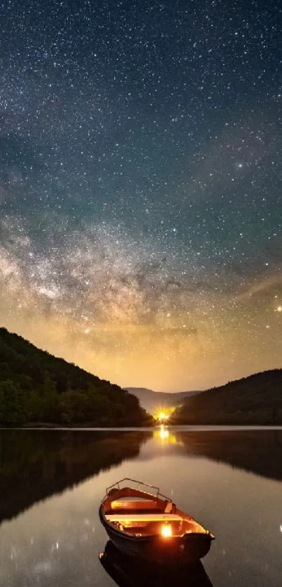 Tranquil lake under a starry sky with an illuminated boat reflecting on the water.