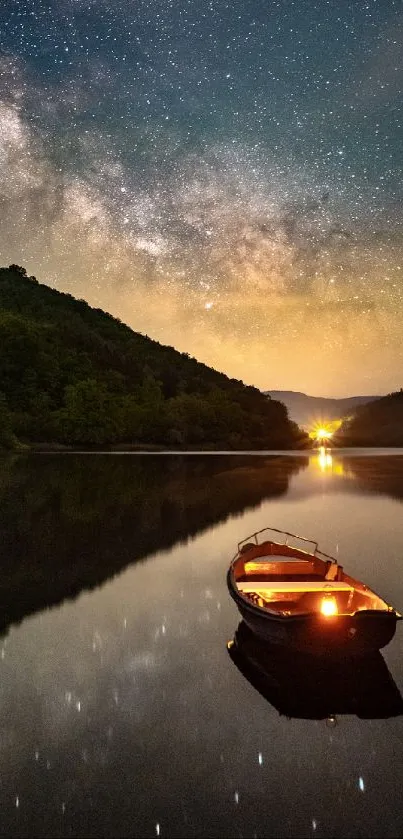 Boat floating under starry sky on tranquil lake.