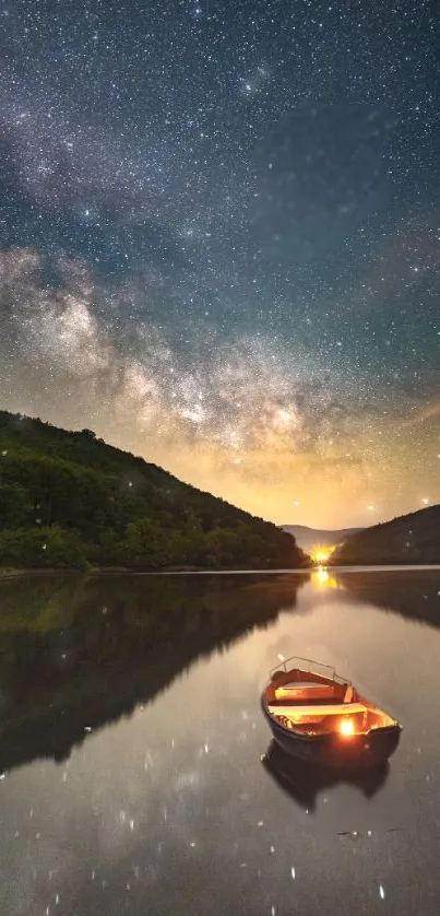 Starry night over a calm lake with a glowing boat.