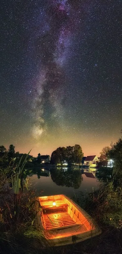 Starry night sky with a boat on a calm lake reflecting the stars.