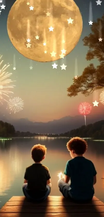 Two kids by a lake under a moonlit night with fireworks overhead.