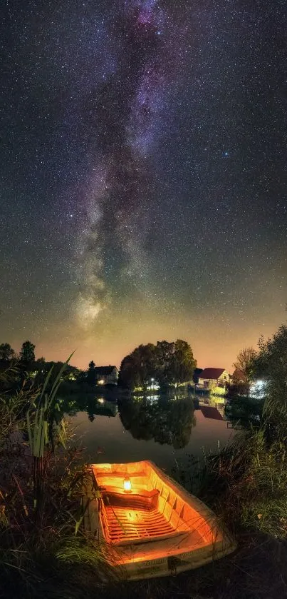 Glowing boat on a lake under a starry Milky Way sky.