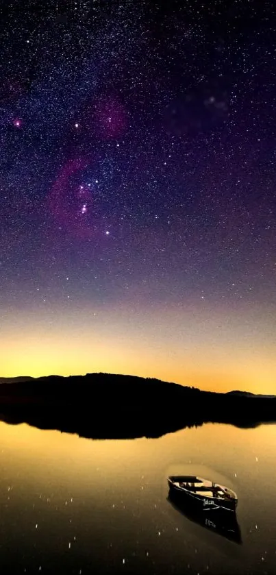 Starry sky over a tranquil lake with a boat.