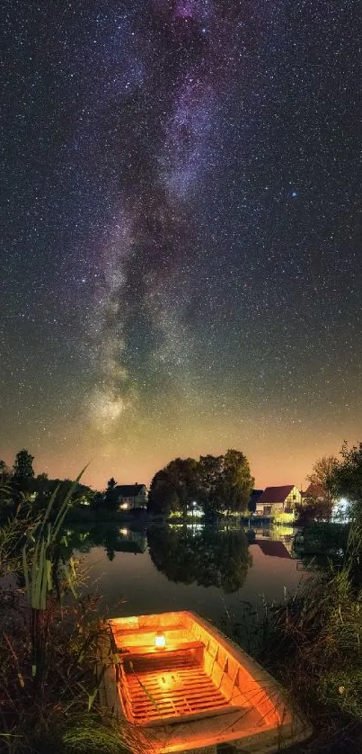 Starry night over a peaceful lake with a glowing boat under the Milky Way.