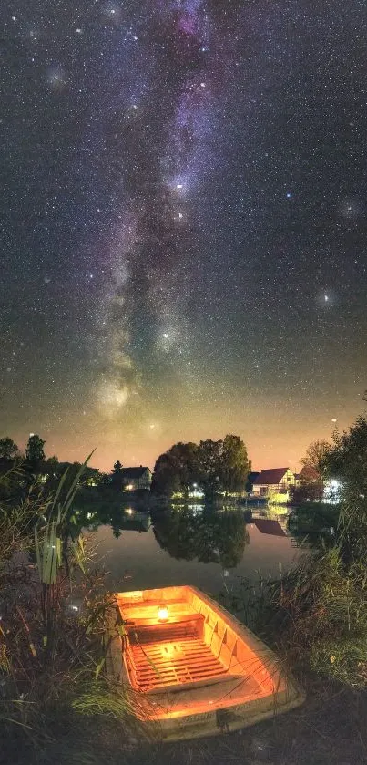 Starry night sky reflecting over a serene lake with a glowing boat.