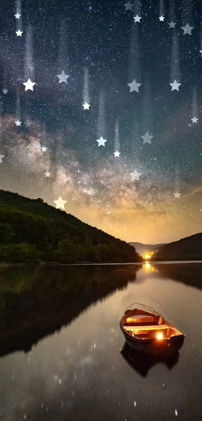 A starry night sky over a calm lake with a glowing boat.