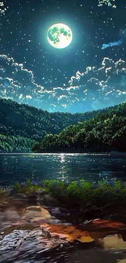 Starry night lake scene with full moon.