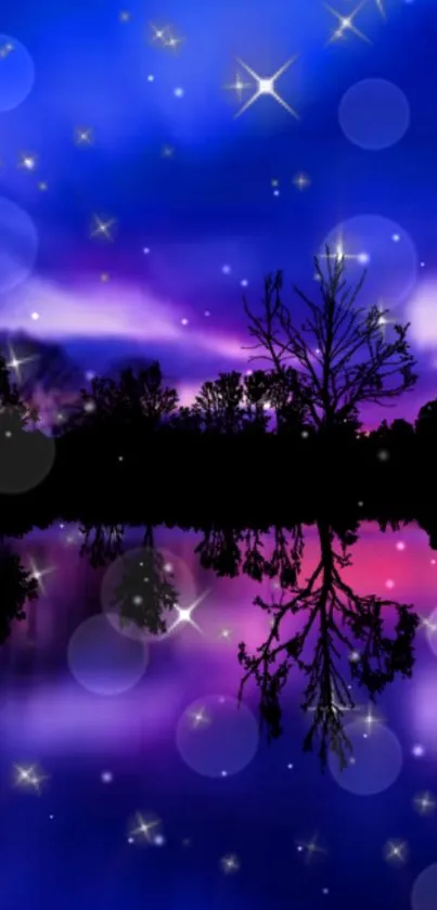 Starry night lake with reflections and serene silhouette in vibrant colors.