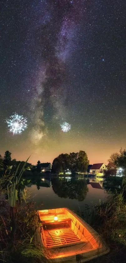 A serene starry night lake with fireworks and glowing boat.