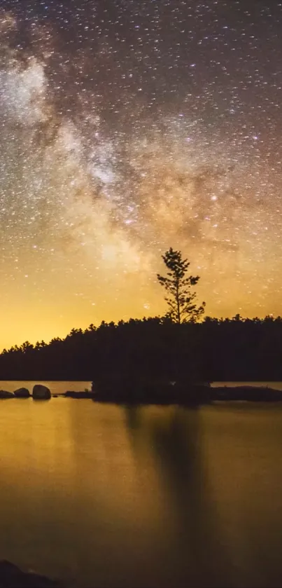 Starry night sky with a lake and tree silhouette, offering a serene view.