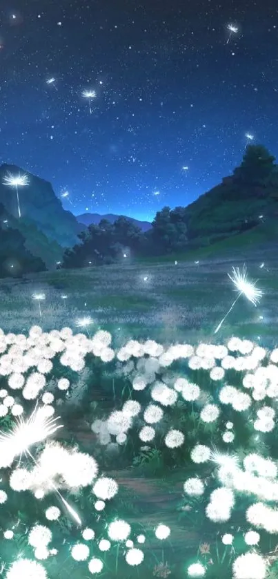 Starry night sky over hills with dandelions.