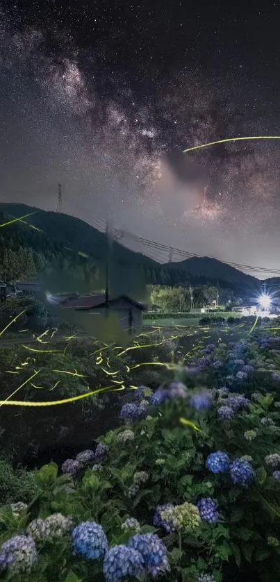 Starry night over mountains with blooming hydrangeas.