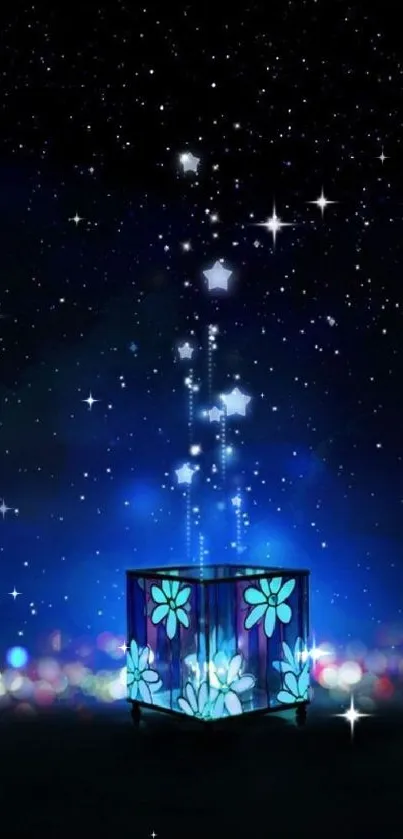 Mobile wallpaper with starry sky and glowing floral lantern.