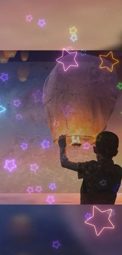 Child releases lantern under neon stars.