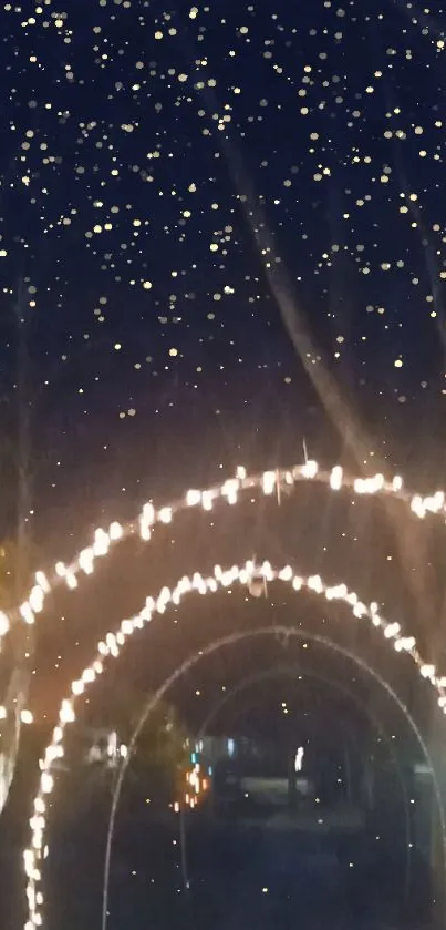 Starry night with twinkling lights forming a magical light tunnel.