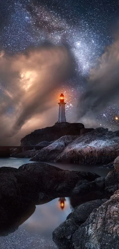 Lighthouse under a starry night sky with rocky shores and ocean reflection.