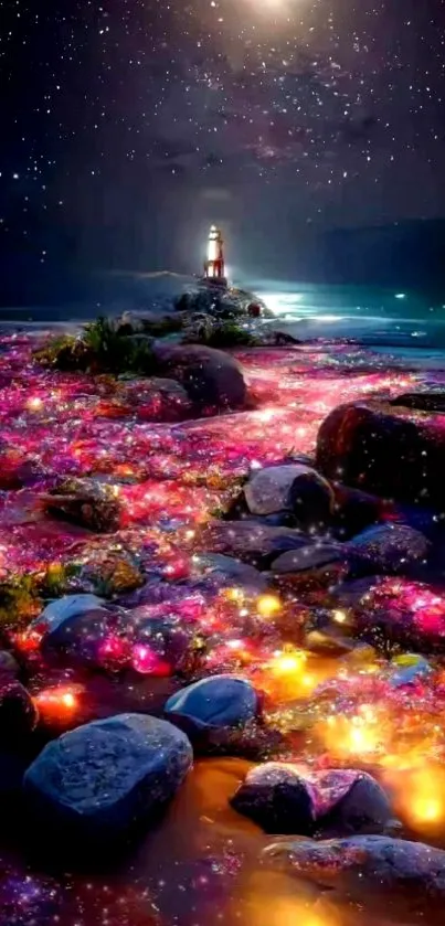 Starry night with lighthouse by the ocean, amid vibrant glowing colors.