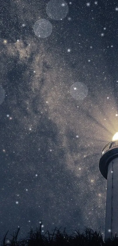 Lighthouse under a starry night sky with glowing beacon and cosmic view.