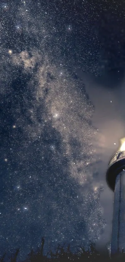 Lighthouse under a starry night sky, mobile wallpaper.