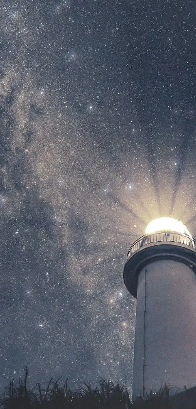 Lighthouse illuminated under a starry night sky, mobile wallpaper.