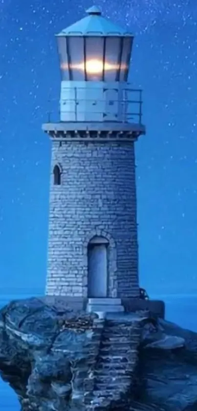 Lighthouse under a starry blue night sky on rocky cliffs.