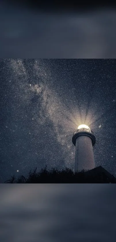 A lighthouse glowing under a starry night sky, perfect for mobile wallpaper.