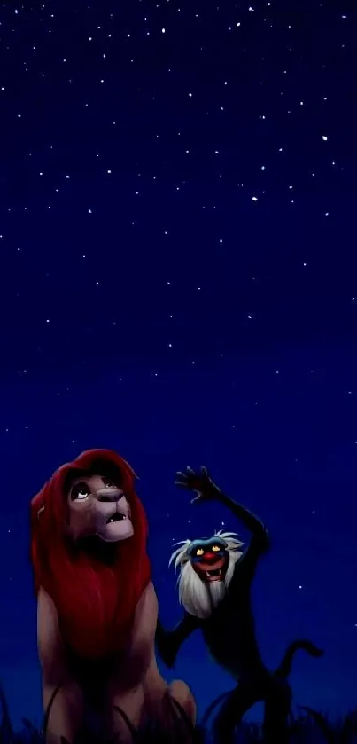 Lion King characters under a starry night sky wallpaper.