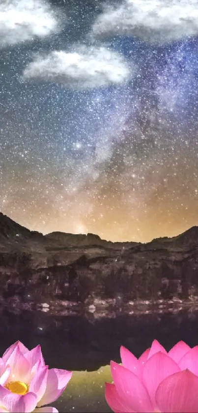 Starry sky over mountains with lotus flowers on a tranquil pond.