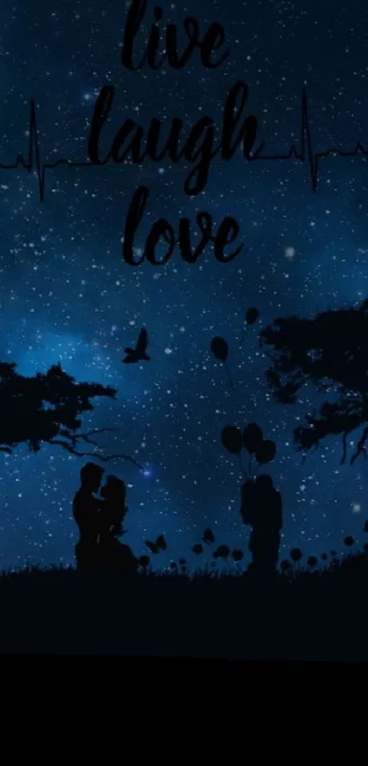 Romantic silhouette under starry night sky with 'live laugh love' quote.