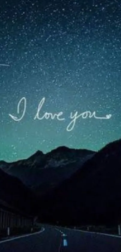 Romantic night sky wallpaper with 'I love you' text over mountains.