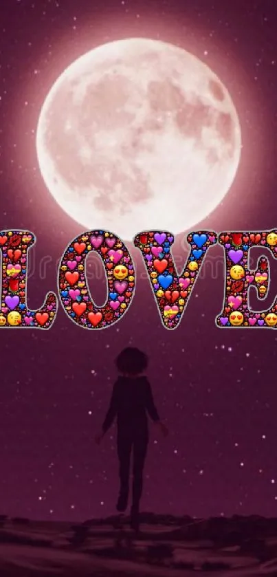 Girl silhouette with 'LOVE' against a starry moonlit sky.