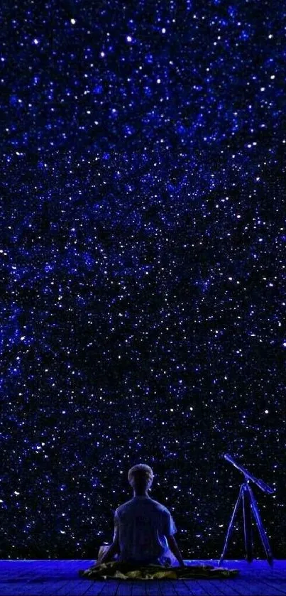 Silhouette meditating under starry night sky with telescope.