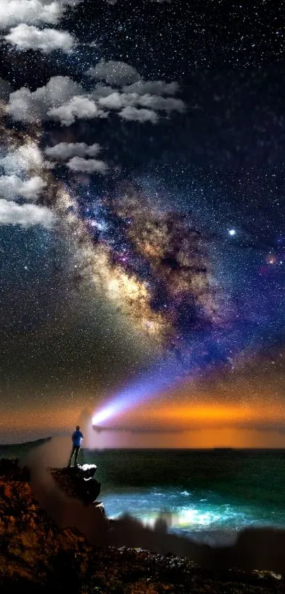 Lone figure under a stunning Milky Way night sky wallpaper featuring bright stars.