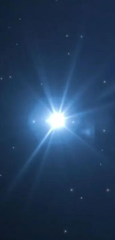 A bright star illuminates a dark blue night sky, with scattered smaller stars.