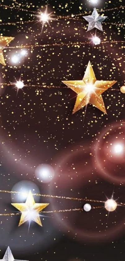 Mobile wallpaper with golden and silver stars on a dark background.