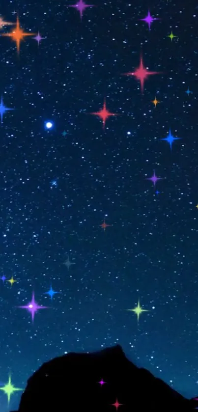 Colorful starry night wallpaper with vibrant stars on a deep blue sky.