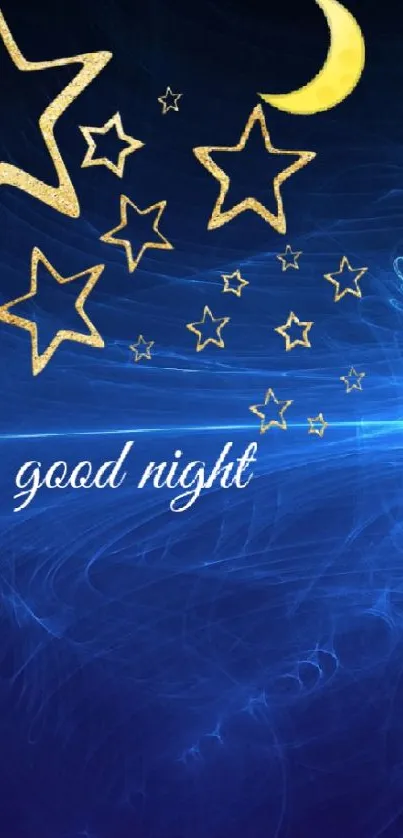 Blue night sky wallpaper with golden stars and crescent moon.