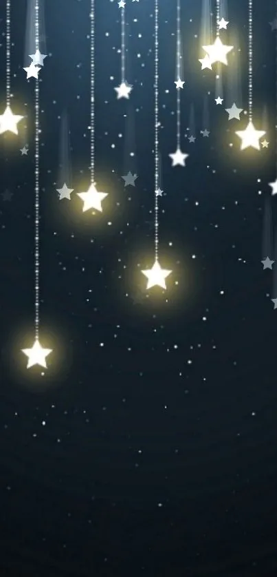 Mobile wallpaper with glowing stars hanging in a starry dark blue sky.