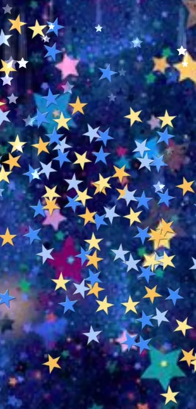 Vibrant starry night wallpaper with colorful stars on a deep blue background.