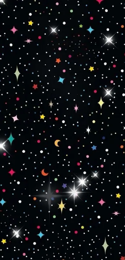 Colorful starry night wallpaper with dots and shapes on black.