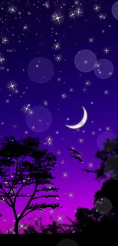 Mobile wallpaper of a starry night with a crescent moon and tree silhouettes.