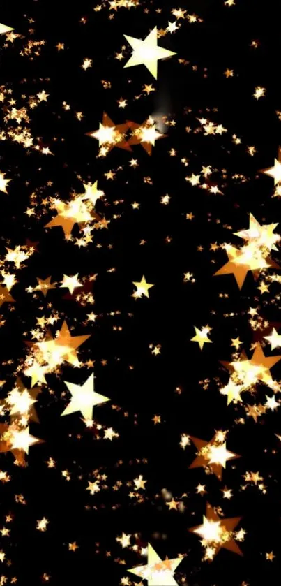 Mobile wallpaper with glowing golden stars on a black background.